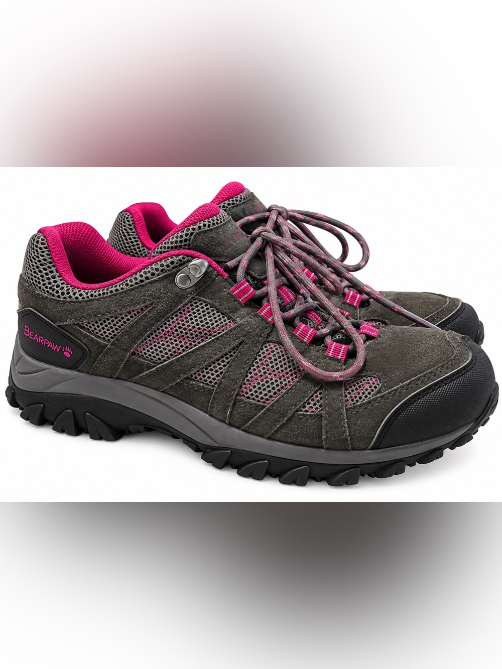 BEARPAW Women’s Hiking Trail Shoes Size 7.5 Gray Pink Suede Mesh Sneakers